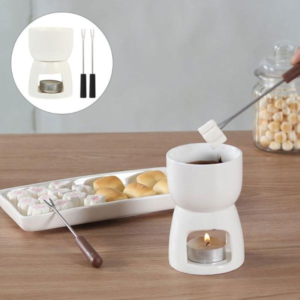 

forks 1 set ceramic fondue chocolate butter warmer pot home with candle