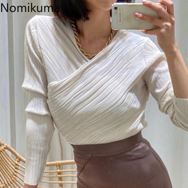 

nomikuma korean pleated slim women blouse cross v-necl long sleeve shirt spring new elegant blusas de mujer 6g582 210427, White