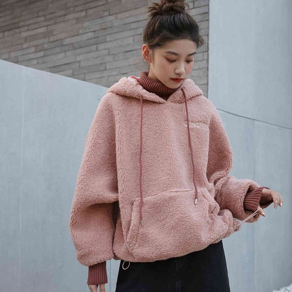

women's hoodies & sweatshirts autumn winter korea fashion women long sleeve casual hooded pullovers thicken warm loose pink v13 1j46, Black