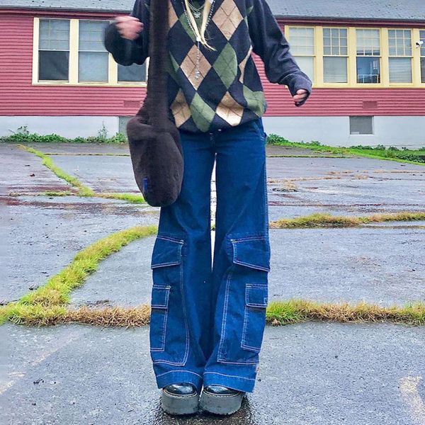 

fashion high waist solid color stitching large pocket loose, Blue