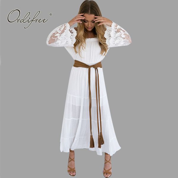 Vestito estivo estivo da donna bianco senza spalline da spiaggia a maniche lunghe allentato sexy con spalle scoperte in pizzo boho in cotone maxi 210415