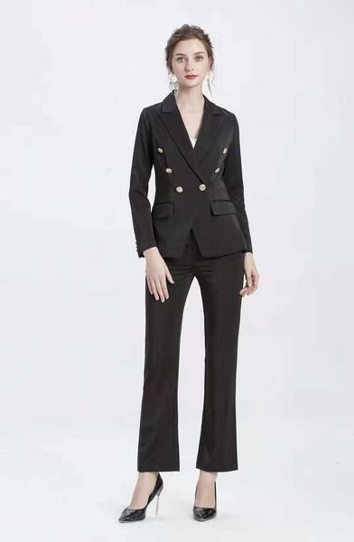 

women's two piece pants pants spring autumn notched collar golden button blazer coats+full length pink black pant sets f w308, White