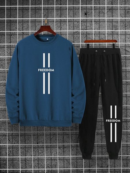 

men letter graphic pullover & drawstring waist sweatpants f4uv#, Gray