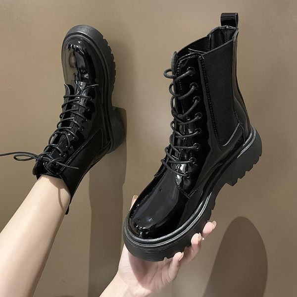 

boots women ankle short shoes autumn patent leather lace up ladies female pu non slip winter footwear 2021 woman, Black