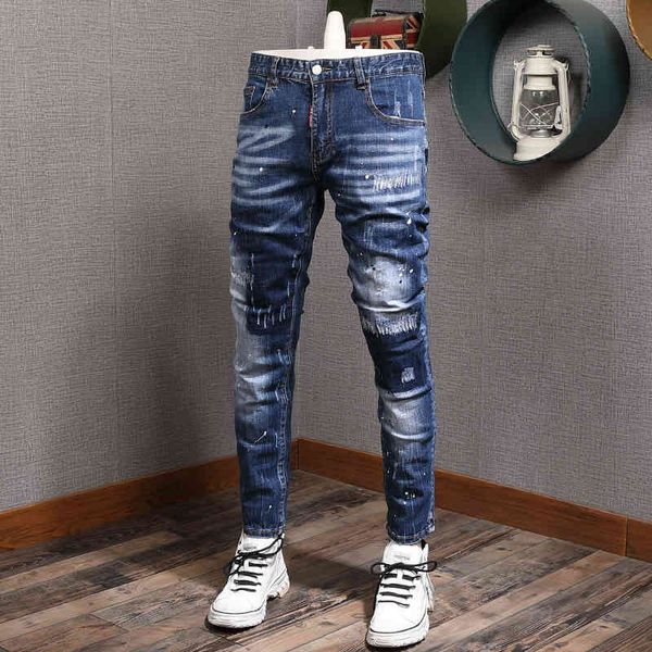 

jeans newly fashion streetwear retro dark blue elastic cotton ripped jeans men vintage designer slim fit hip hop pants homme