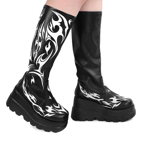 

boots female high heel leather shoes thick insole knee-high cowboy stylish women western punk vintage long tube knight, Black