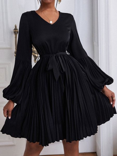 

lantern sleeve belted pleated dress b1gg#, Black;gray