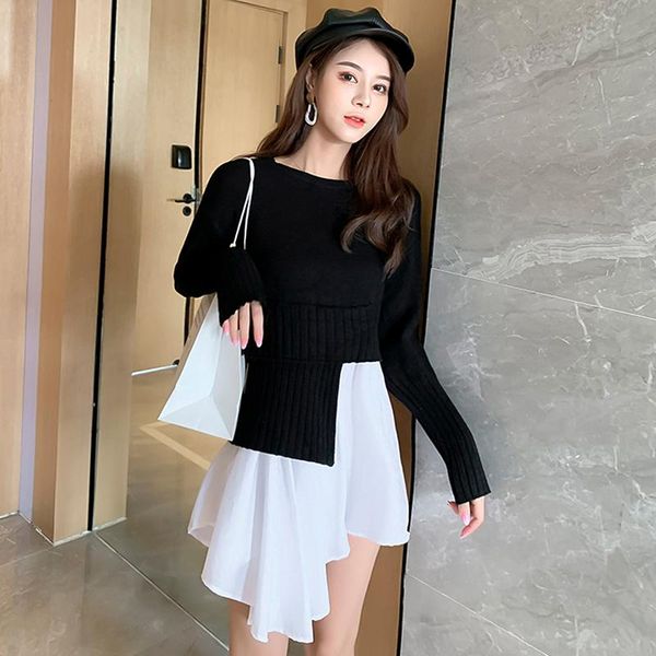 

casual dresses patchwork knitted sweater dress women autumn winter korean irregular streetwear fake two piece vestidos, Black;gray
