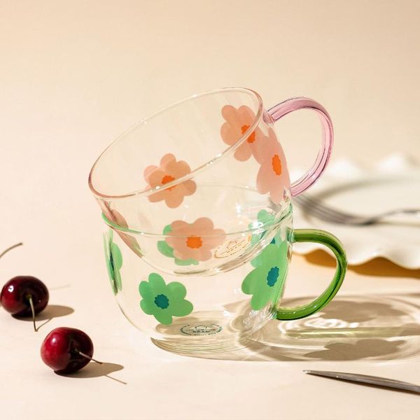 

mugs 500ml japanese glass milk mug with spoon flower pattern breakfast oats home kitchen coffee handgrip cup large capacity