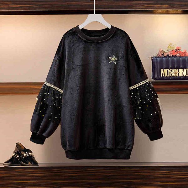 

4xl women black velvet crewneck sweatshirt pullover winter clothes mesh ruffle patchwork long sleeve korean 210428, Black;gray