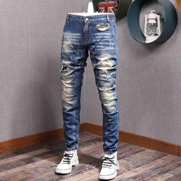 

men's jeans fashion streetwear elastic cotton slim ripped retro blue spliced designer hip biker pants x1vg