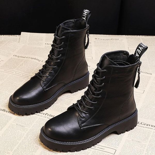 

boots black pu leather ankle women autumn winter round toe lace up shoes woman fashion motorcycle platform