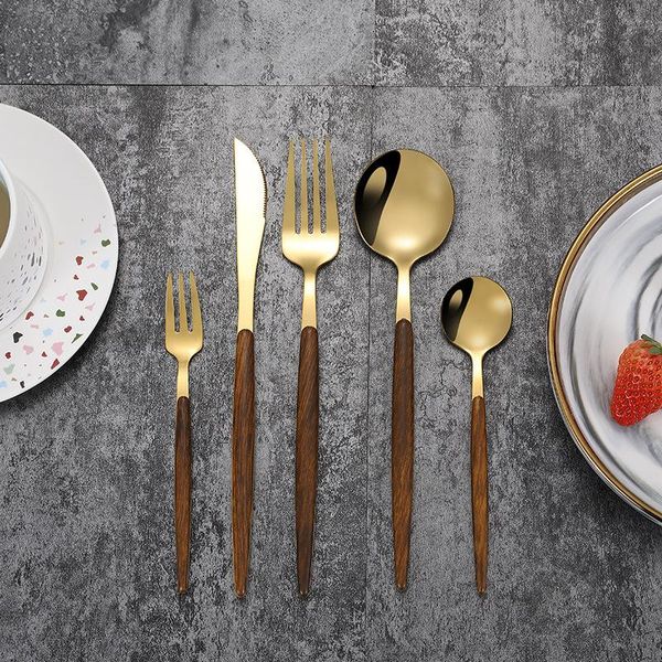 

5pcs tableware imitation wooden handle stainless steel cutlery steak western dinnerware set knife fork flatware sets