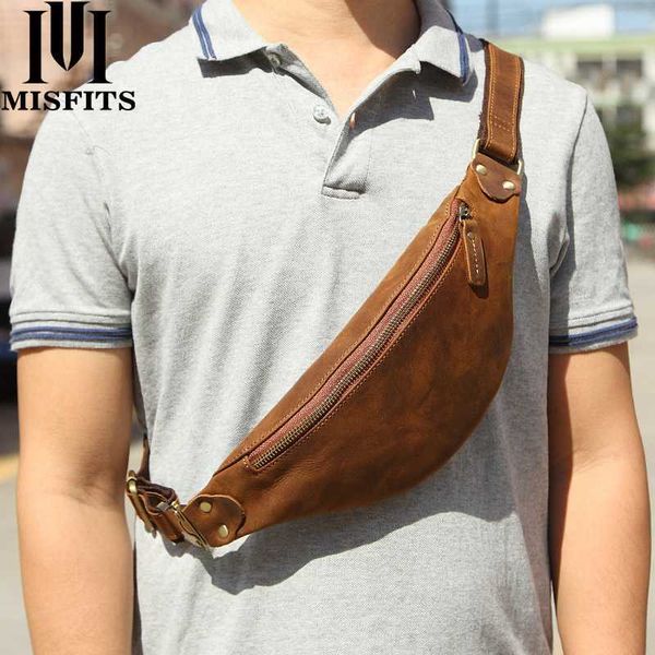 

women's men waist bag genuine cow leather vintage small fanny pack male waist pack travel chest bag for cell phone belt bag man 210719