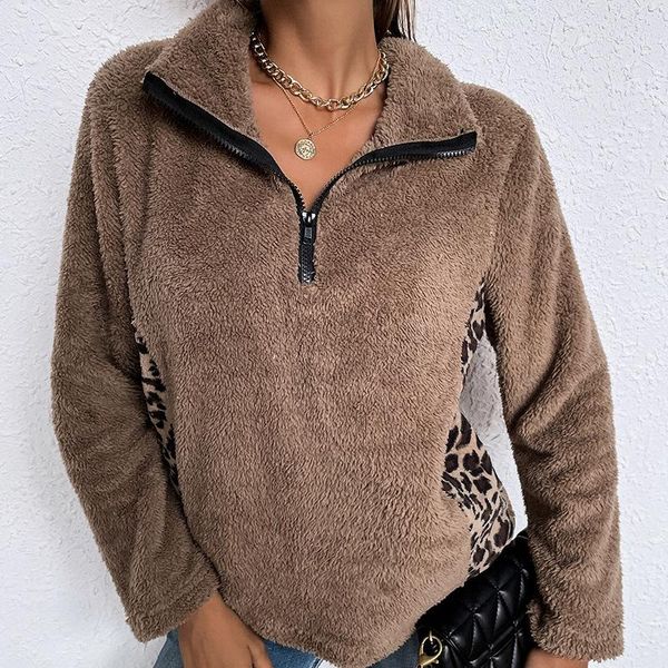 

women's hoodies & sweatshirts leopard print fall 2021 stand collar zipper warm stitching long sleeve blouse, Black