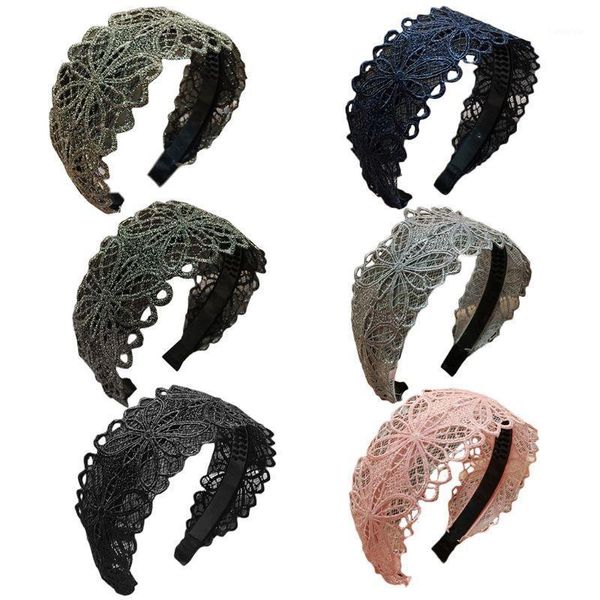 

women retro hollow embroidery floral lace headband shimmer metallic wide hair hoop elegant anti-skid teeth party bandana1