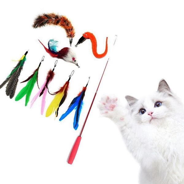 

cat toys 5pcs set pet toy tease wand 9 feather heads interactive with bell for cats