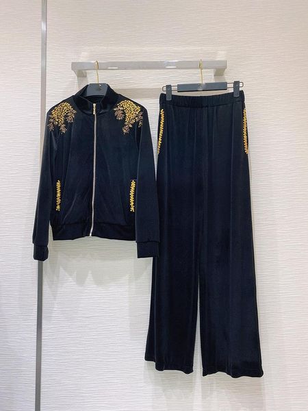 

women's two piece pants chic sweat suit autumn vintage velvet beading jackets+wide-leg 2piece set b473, White