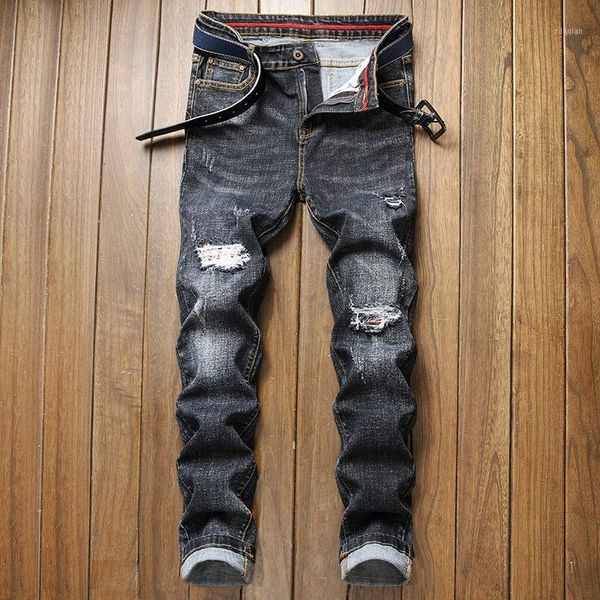 

wimilous personality jeans men's fashion elastic hole, Blue