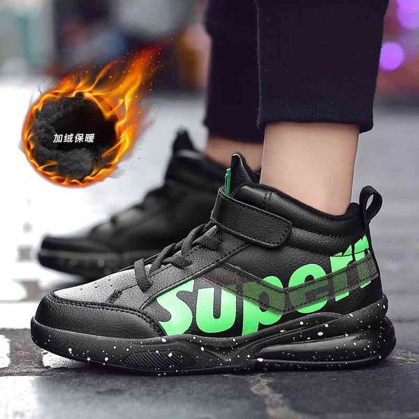 

boys' 2020 autumn winter new leather waterproof plush warm children's sports middle school boys' running shoes, Black