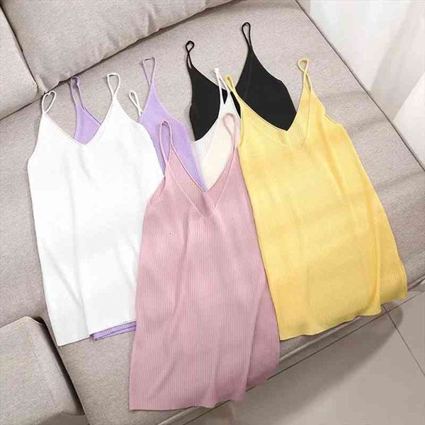 

withered multticolor colorful basic elastic camisole summer spaghetti knitted t shirt women camisetas verano mujer, White