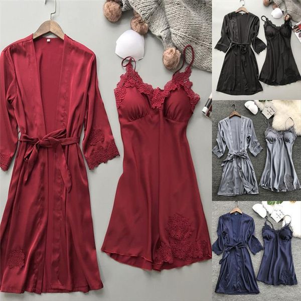 

lingerie silk satin lace womens sleepwears robe dress nightdress kimono pyjamas red black blue gray, Black;red