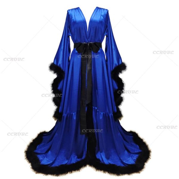 

women's sleepwear robe feather flare sleeves lingerie maxi bridal dressing gown wedding scarf with belt pregnancy dress, Black;red