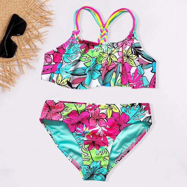 

5-16 years girl swimsuit kids tropical floral teenage bikini set cross back two piece children's swimwear bathing suit one-piece suits