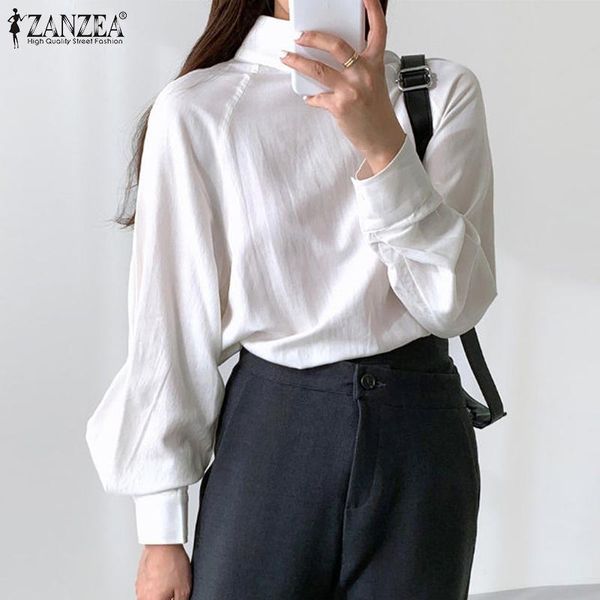 

women's blouses & shirts 2021 spring autumn blouse fashion office lady puff sleeve zanzea casual solid loose stand collar oversized bl, White
