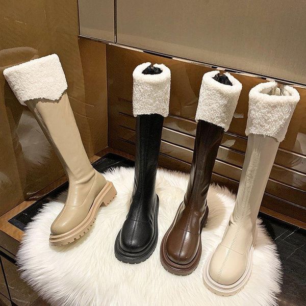

boots 2022 winter fashion women platform punk long beige knee thigh high designer warm fur thick bottom cowboy snow, Black
