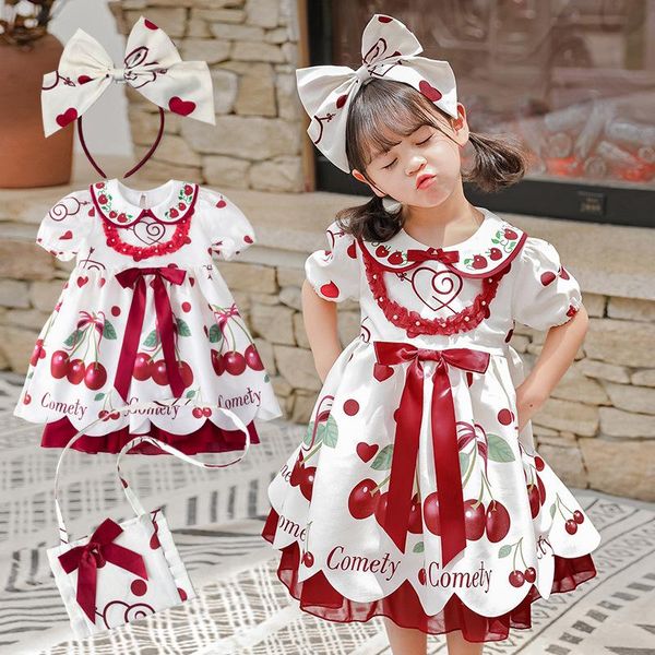 

girl's dresses 3pcs lolita girls dress kids cherry printed baby princess infant birthday mzl054, Red;yellow