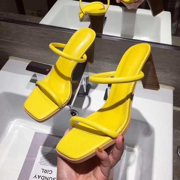 

slippers fashion women high heels sandals slides square toe narrow band hollow summer thick slip on party mules mx4x, Black