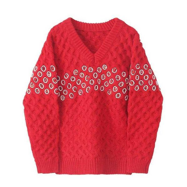 

women's sweaters ladies beaded round neck retro handmade winter loose knit chunky pullover sx3a, White;black