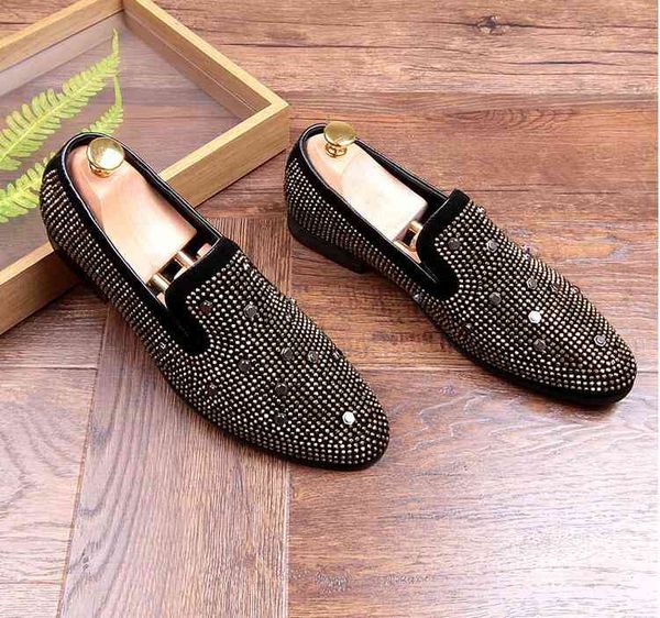 

gold toe and crystal hmade men loafers fashion leather slippers party wedding dress shoes 's flats axx297, Black
