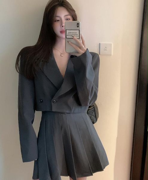 

clothing sets british style korean japanese school uniform autumn winter black/gray ovrsize long-sleeved suit jacket + pleated skirt 2pcs se, White