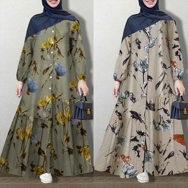

vintage muslim printed spring sundress women dresses zanzea casual long sleeve floral abaya maxi vestidos robe, Black;gray