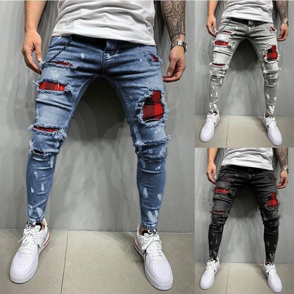 

men's printed jeans with holes and elastic feet, Blue