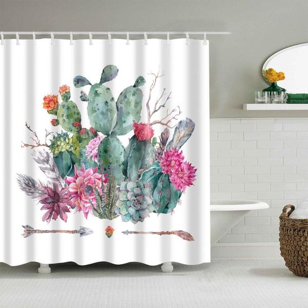 

tropical shower curtain succulent plant cactus flower bath accessories with 12 hooks waterproof polyester fabric bathroom decor curtains