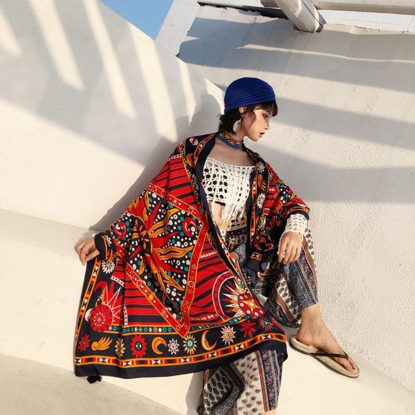 

scarves scarf female ethnic style cotton linen sunflower printed gauze shading silk beach towel sunscreen shawl, Blue;gray