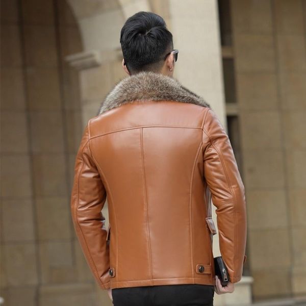 

quality mens high winter raccoon fur collar down jacket business man slim fit sheepskin genuine leather thick overcoat men's & faux, Black