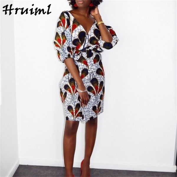 Afrikanische Kleider für Frauen Mode Druck Halbarm V-ausschnitt Hohe Taille Schärpen Midi Kleid Elegante Unregelmäßige Roupas Femininas 210513