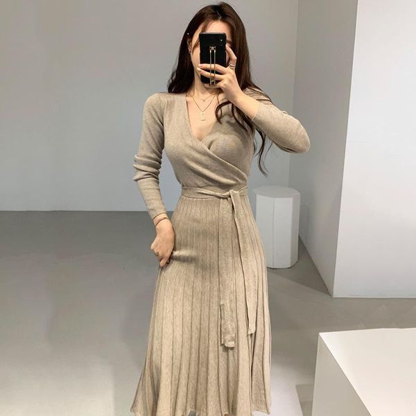 

casual dresses korean fashion cross v neck knitted dress chic drawstring slim waist design vestidos autumn long sleeve a line pleated robe, Black;gray