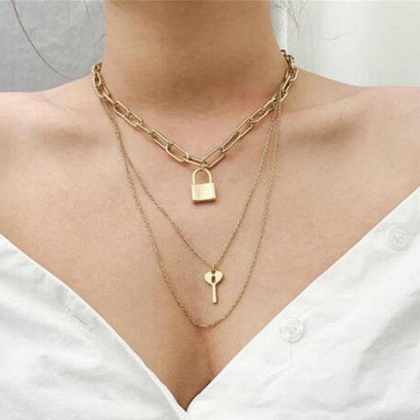 

pendant necklaces punk exaggerated thick chain lock key necklace women vintage multilayer geometric clavicle jewelry kolye n1573, Silver