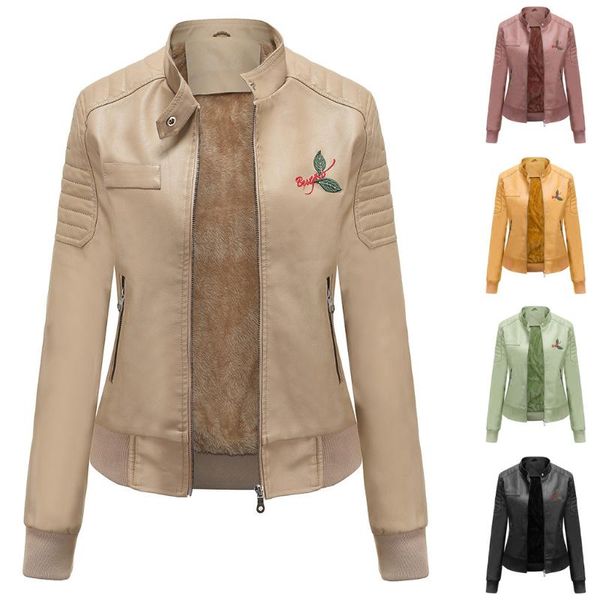 

women's leather & faux stand collar baseball clothing plus velvet warm jacket autumn and winter embroidered motorcycle coats, Black
