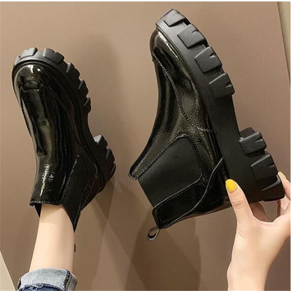 

boots 2021 spring patent leather ankle women motorcycle fashion shoes thick-soled black