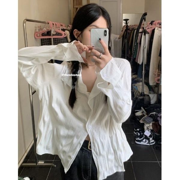 

women's t-shirt fafa tee loose and versatile lapel pleated long sleeve shirt, White