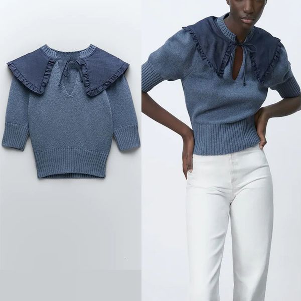 

sweaters za spliced knit blue sweater women short sleeve rib trim elegant pullover woman chic vintage ruffle spring knitted top, White;black