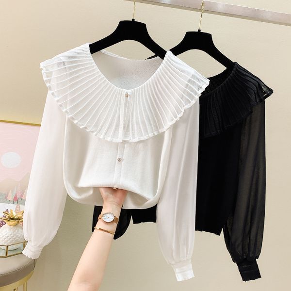 

women's t-shirt korean style long sleeve ruffle sleeves women's summer in solid black casual t-shirts y5dh, White