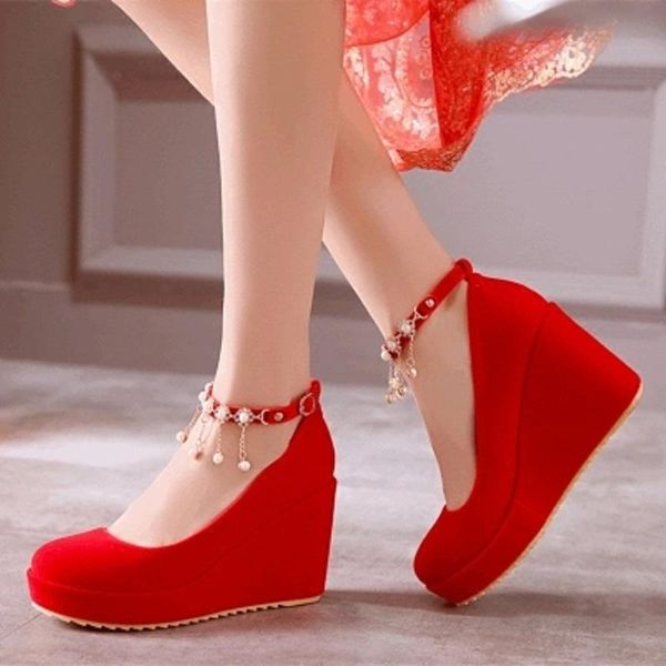 

dress shoes 2021 spring and summer women's wedding wedges single high heel increased red bridal, Black