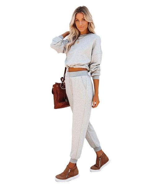 

women's two piece pants spring autumn tracksuit women set drawstring solid o-neck pullover sweatshirt crop + suits casual sportswear, White